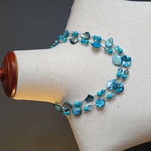 Double Strand Bright Blue/Green Shell and Faux Pearl Necklace